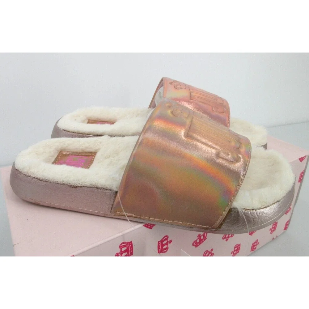 JUICY BY JUICY COUTURE TARZANA ROSE GOLD FUR LINED SLIDES Girl's Sz 1 NEW IN BOX